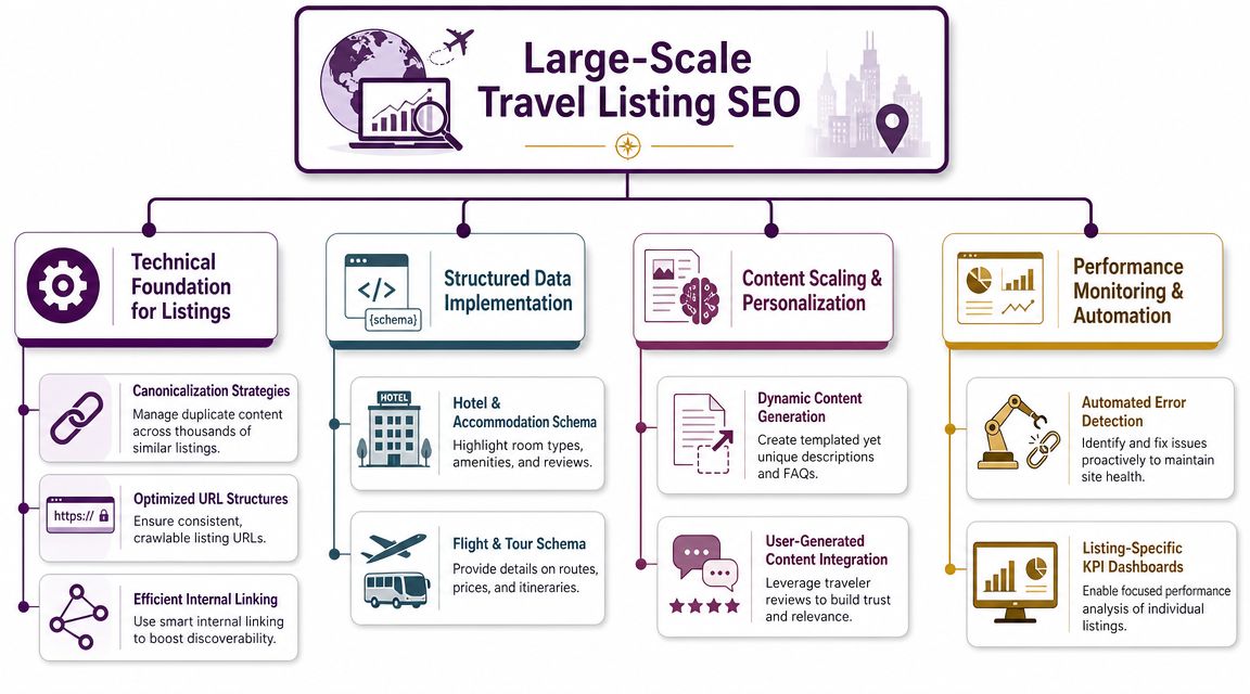 An infographic illustrating a strategic roadmap for optimizing large-scale travel websites using SEO best practices.
