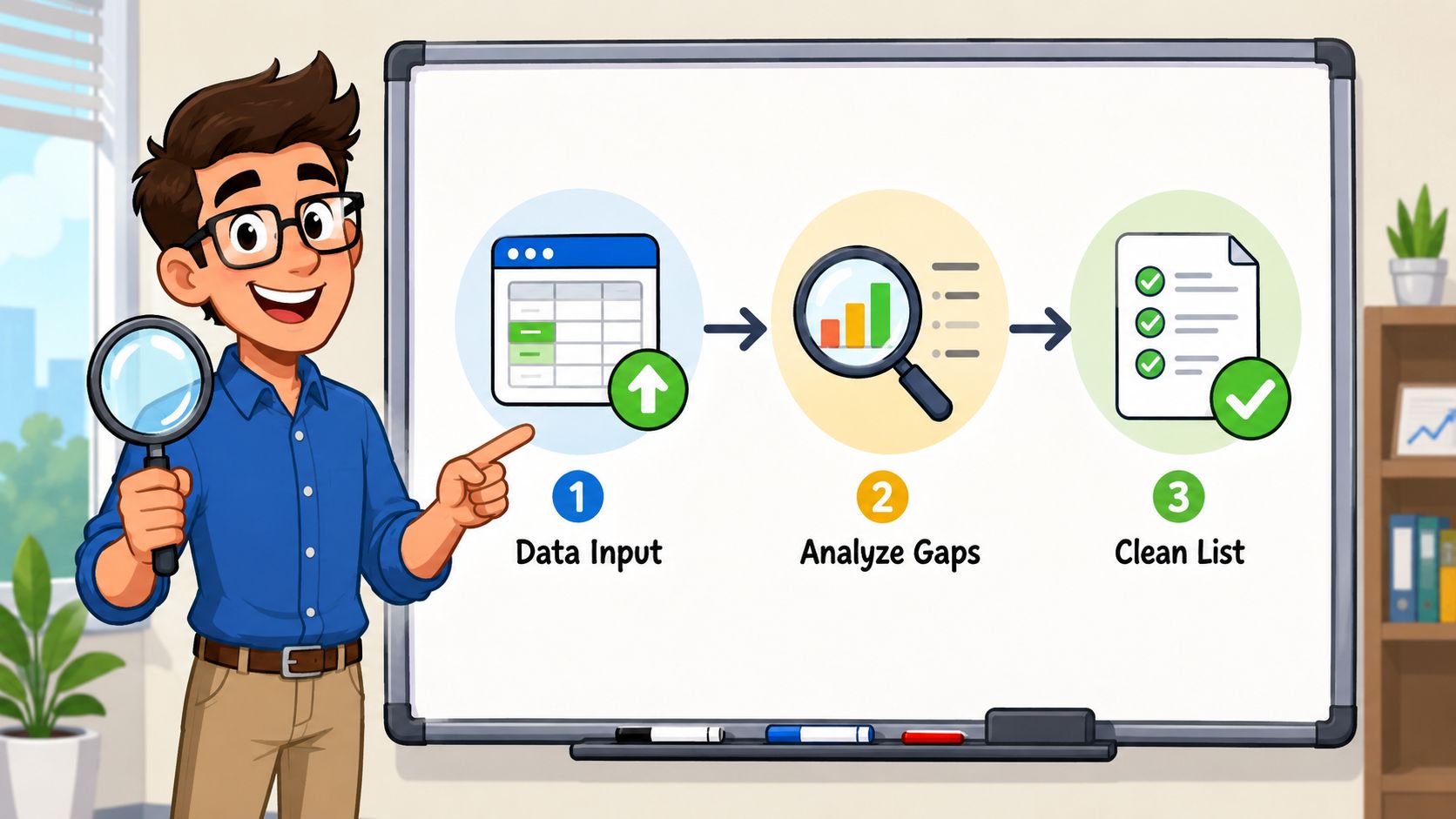 A friendly cartoon man explaining a three-step SEO content gap analysis process on a whiteboard.