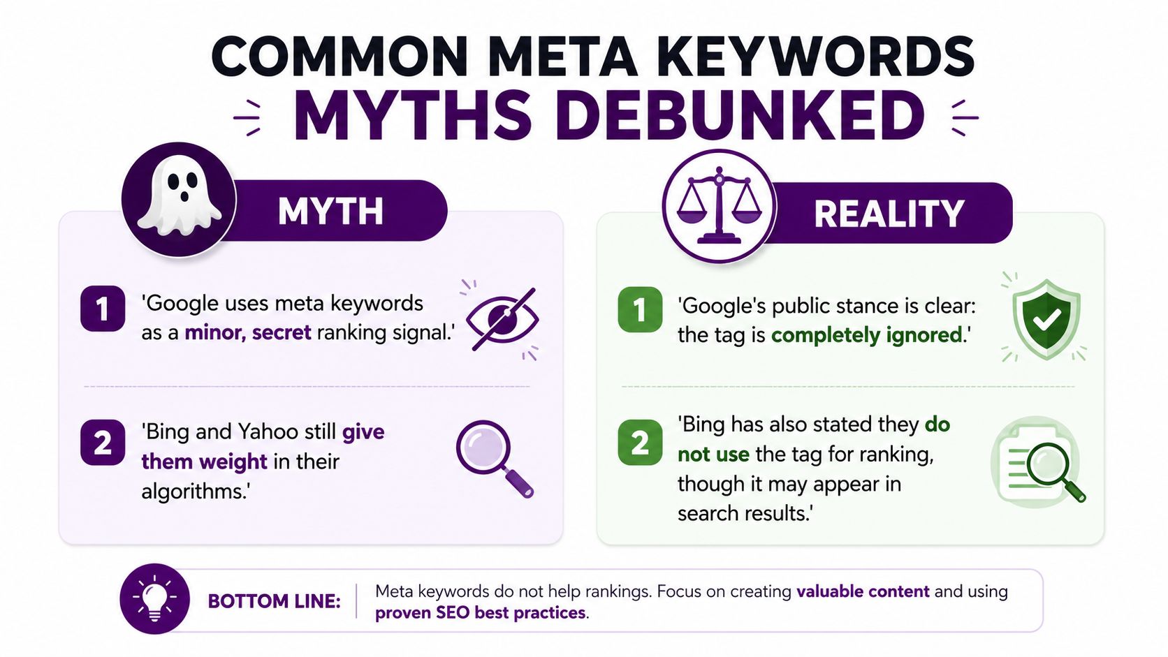 An infographic debunking common myths about using meta keywords for SEO ranking across various search engines.
