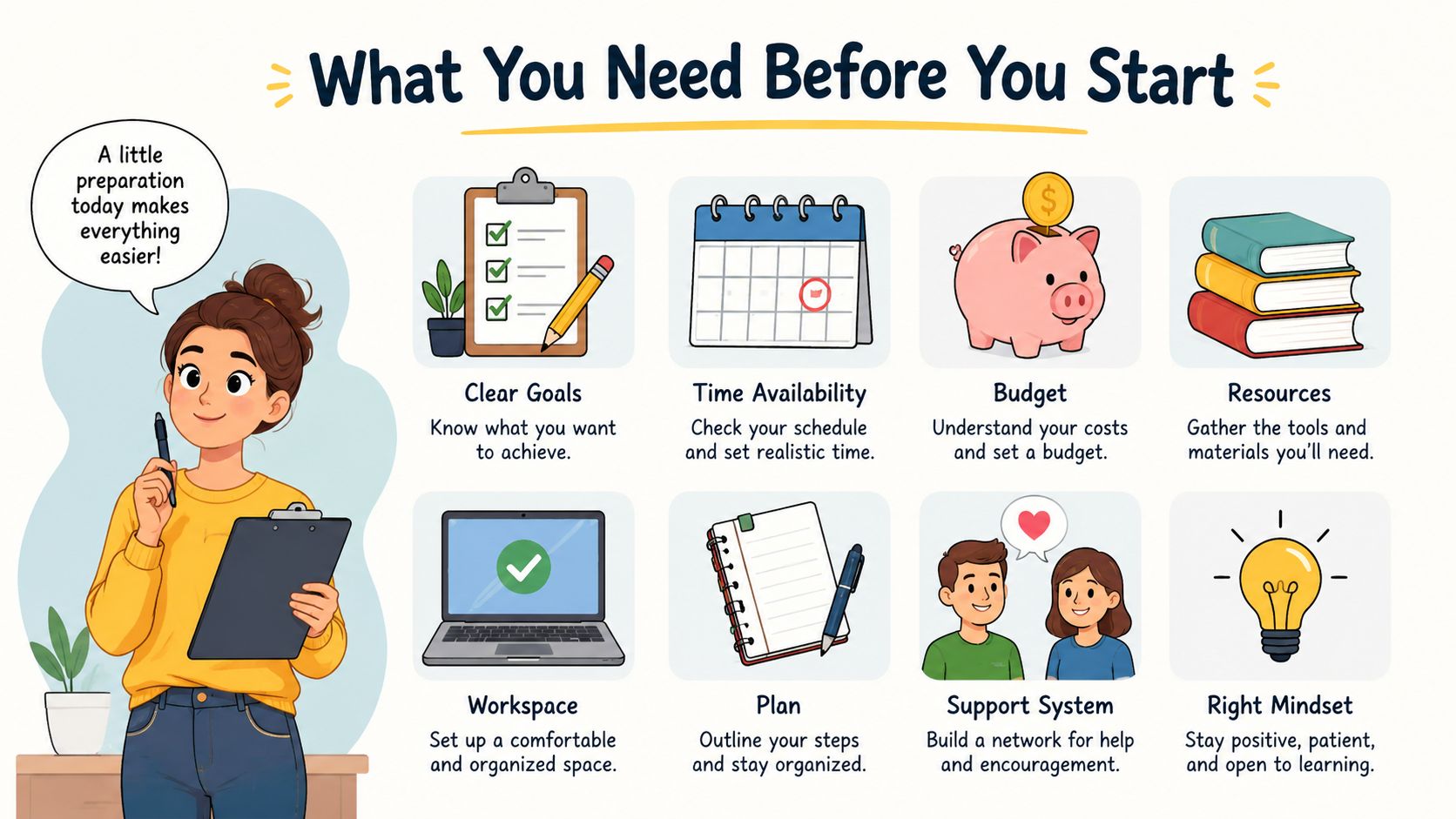 A helpful illustration showing eight essential preparation steps for achieving goals, presented by a woman with a clipboard.