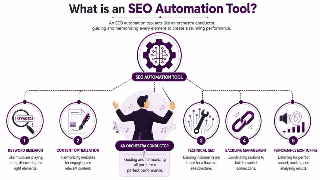 An infographic illustrating an SEO automation tool as an orchestra conductor managing various digital marketing tasks.