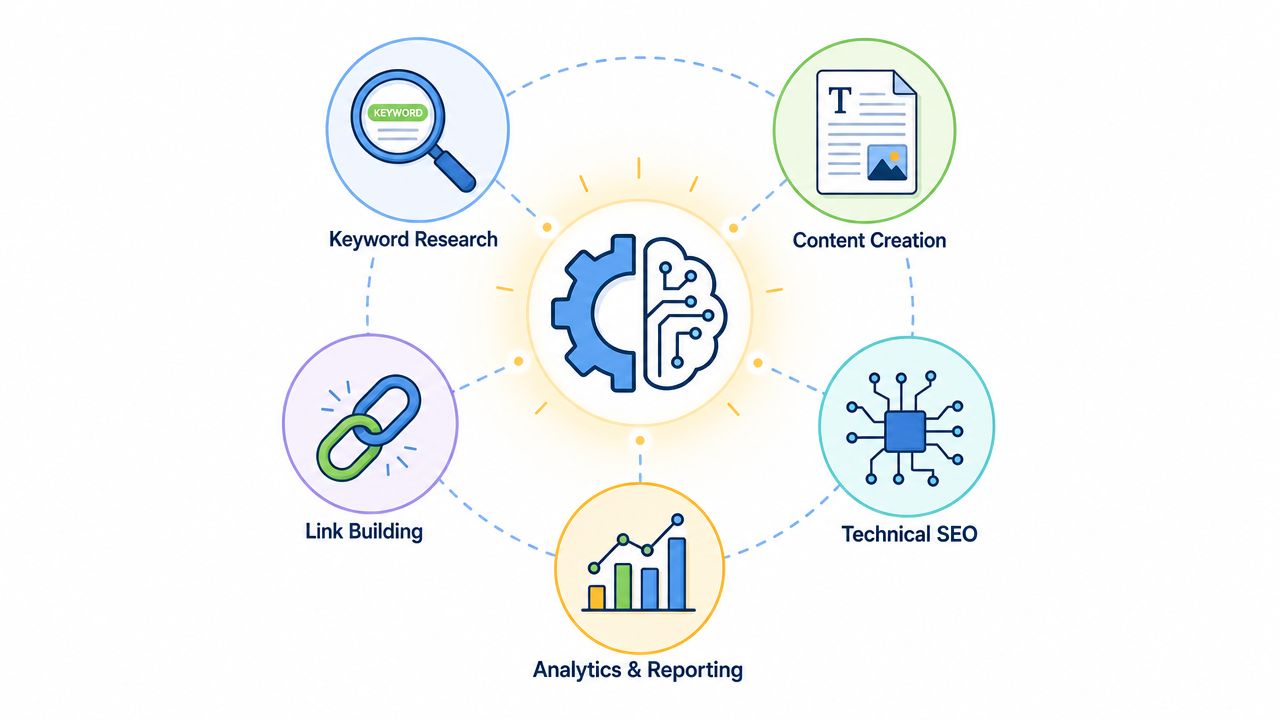 A diagram illustrating SEO automation with icons for keyword research, content creation, technical SEO, link building, and analytics.