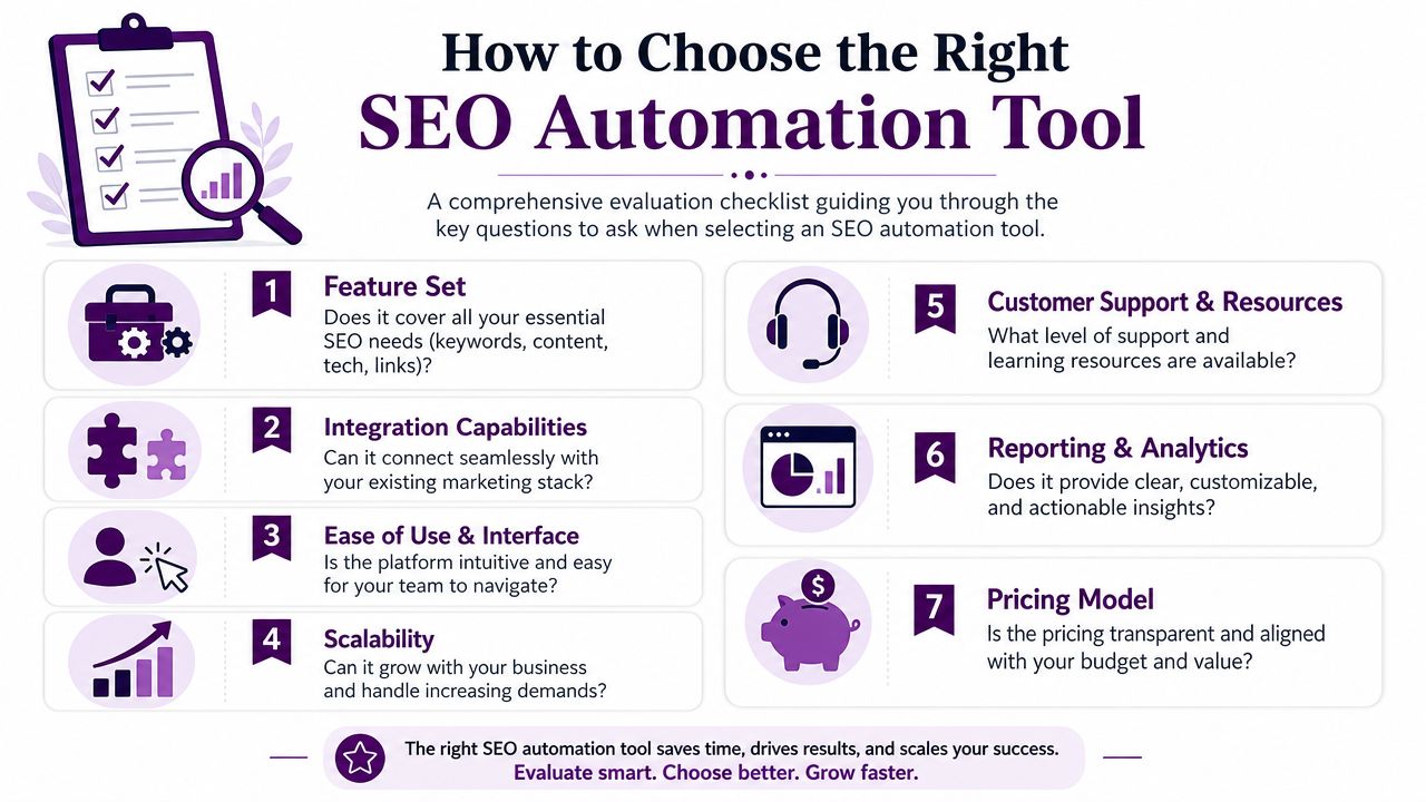 A checklist infographic illustrating seven key factors to consider when selecting the right SEO automation tool.