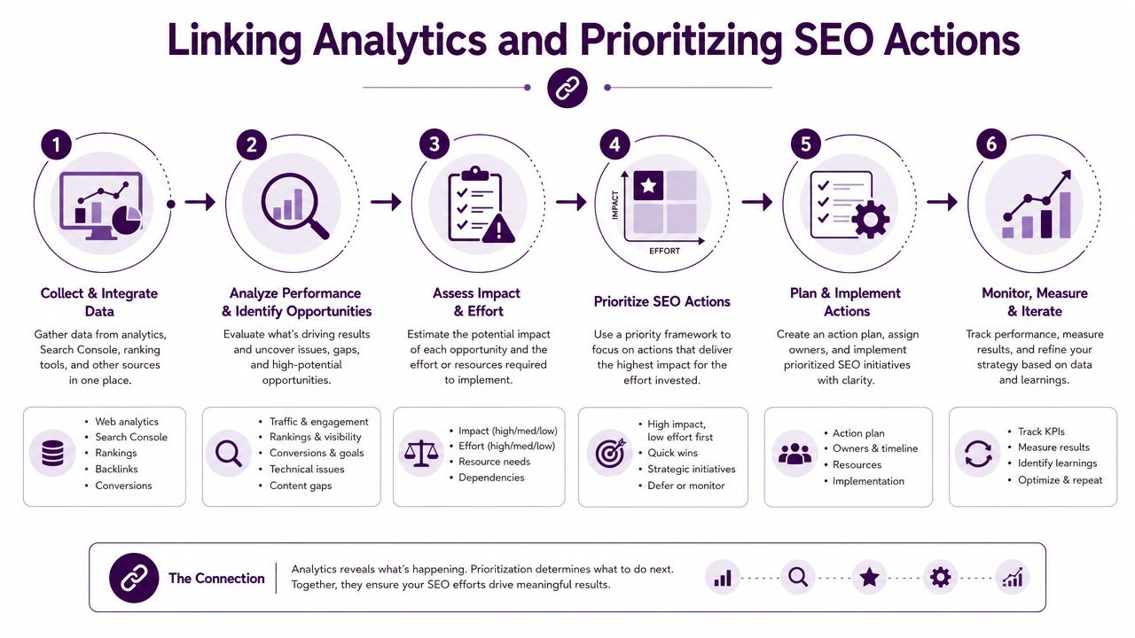 A six-step infographic showing the process of linking data analytics to prioritize effective SEO actions.