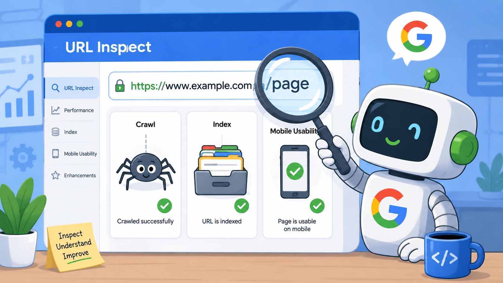A friendly robot inspecting a web page in Google Search Console, showing crawl, index, and mobile usability success.