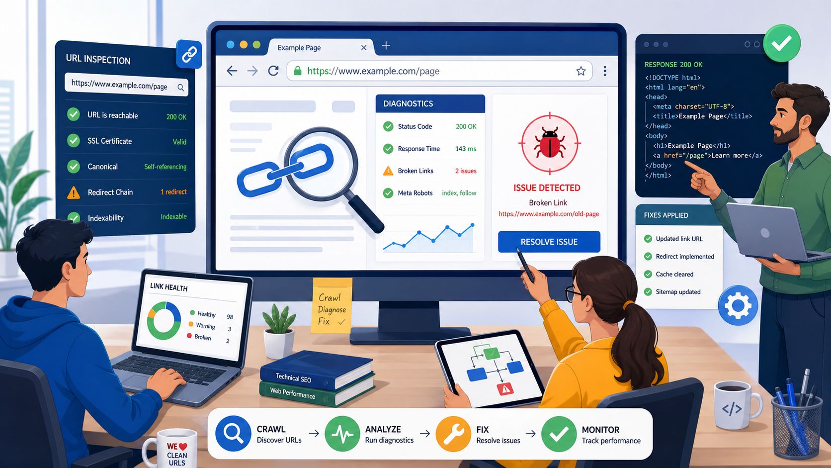 A team of professionals collaborating on technical SEO tasks including URL inspection, link diagnostics, and web performance analysis.