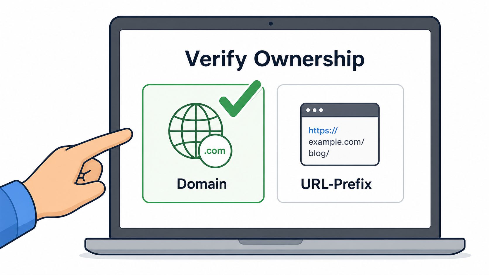 A hand pointing at the domain property verification option on a laptop screen showing search console settings.