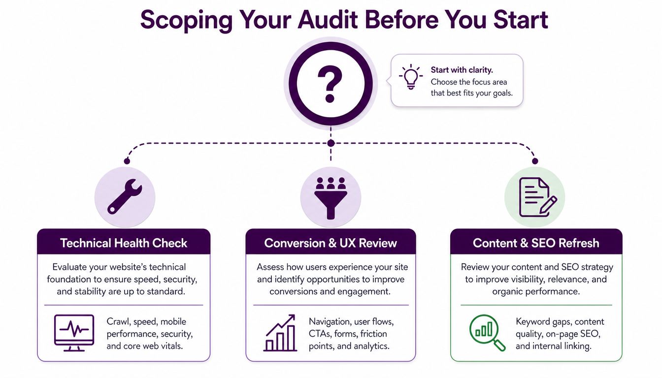 A diagram outlining the three main focus areas for scoping a website audit: technical, user experience, and content.