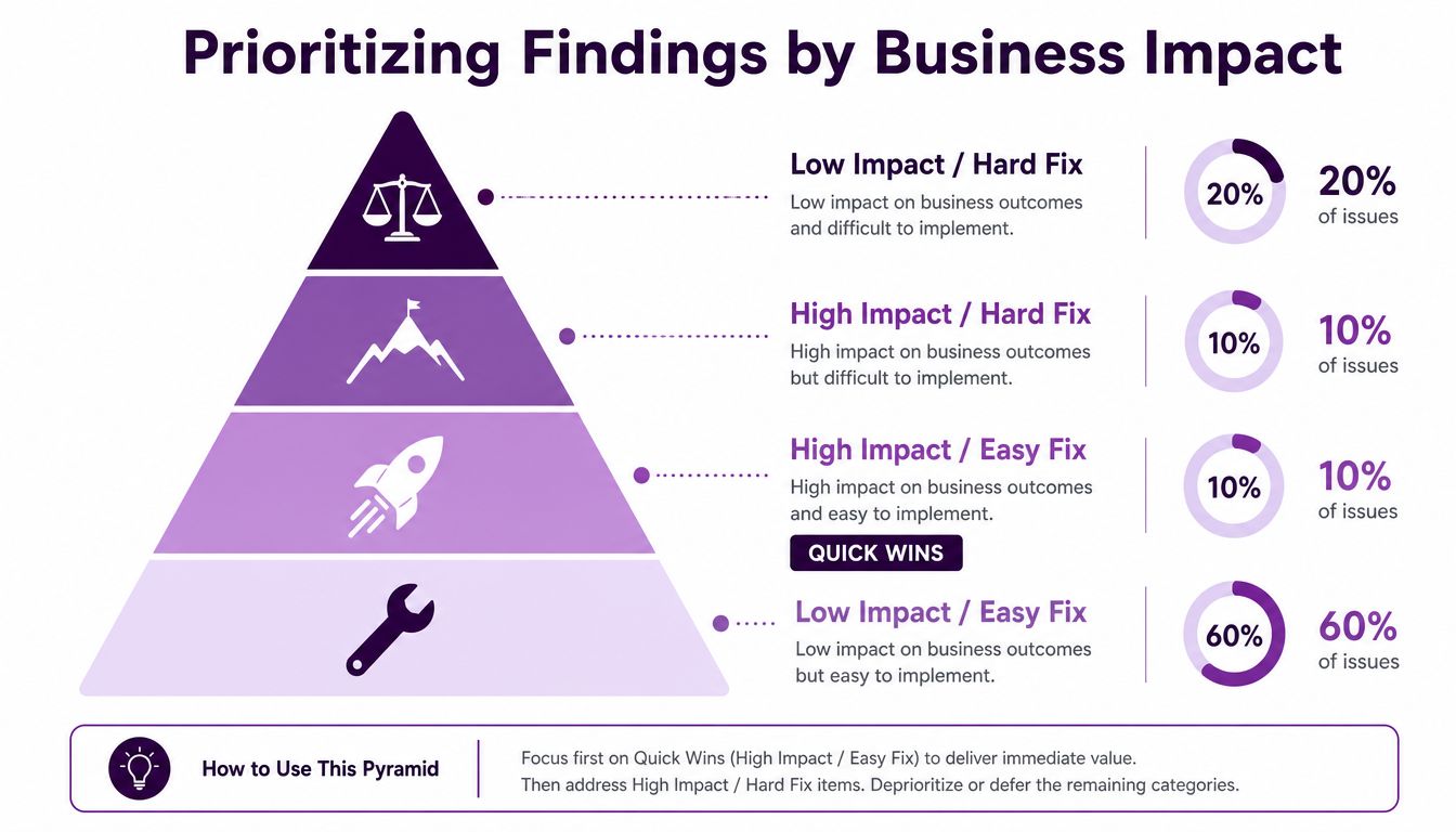 A pyramid chart illustrating how to prioritize business findings by impact and ease of implementation.