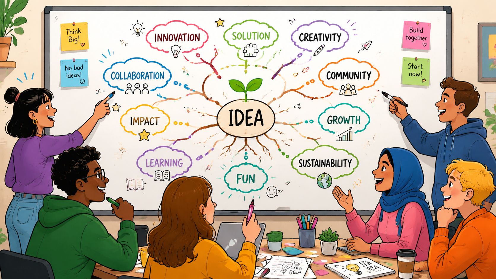 A diverse group of young people collaborating on a creative mind map project in an office setting.