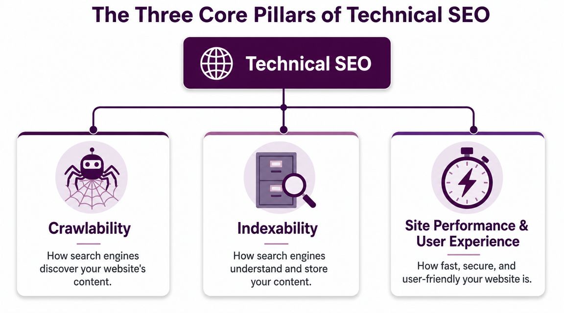Une infographie montrant les trois piliers du SEO technique : Explorabilité, Indexabilité et Performance du site.
