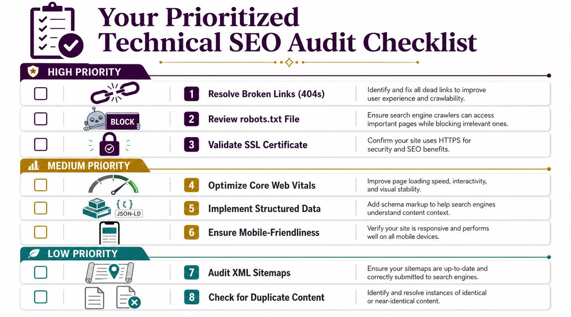 Une infographie de liste de contrôle intitulée Liste de contrôle d'audit SEO technique divisée en tâches de priorité haute, moyenne et basse.