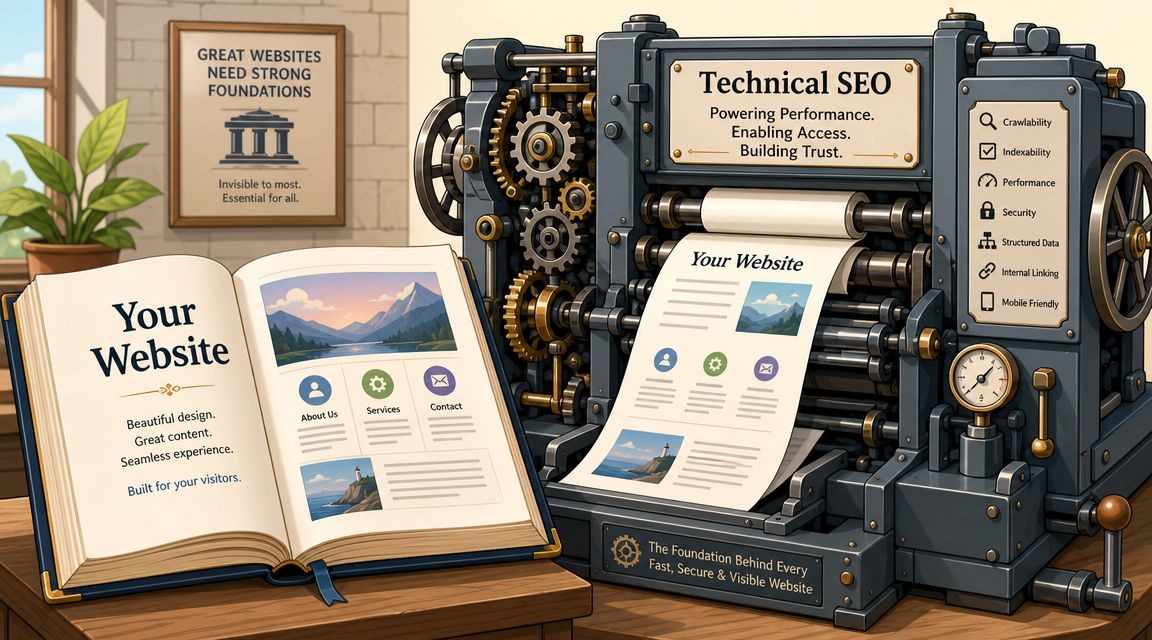 Une presse à imprimer mécanique affinant la mise en page d'un site web pour représenter le processus de SEO technique et l'optimisation de site.