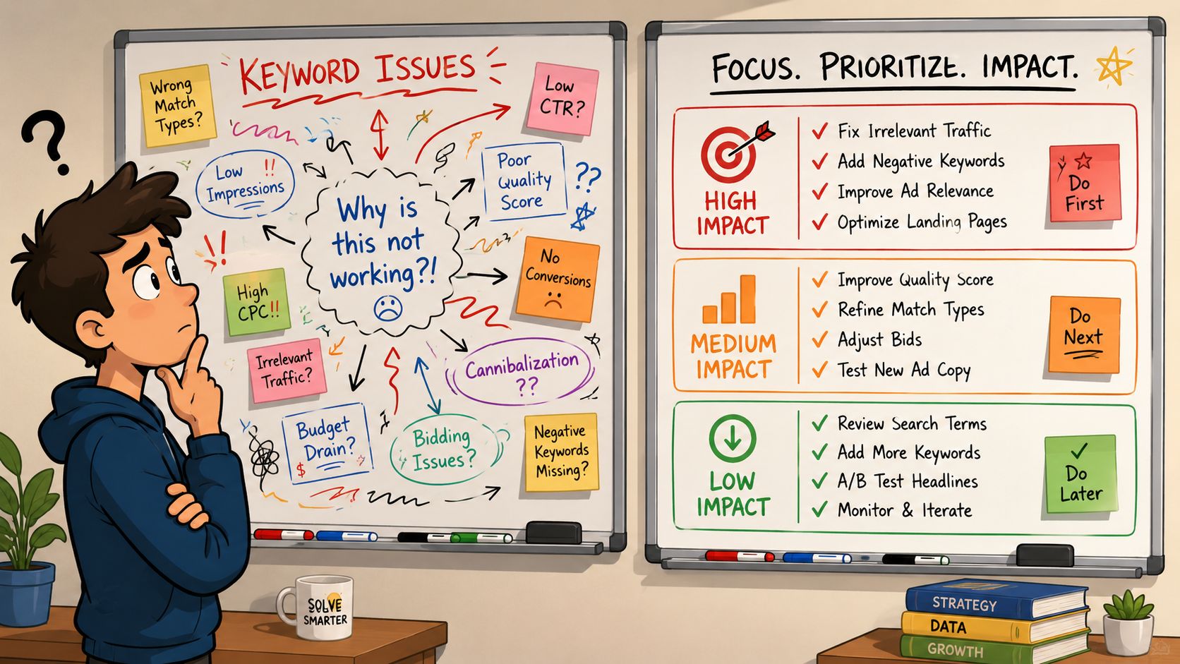 A person looking confused at a whiteboard illustrating keyword issues and a strategy for PPC optimization.