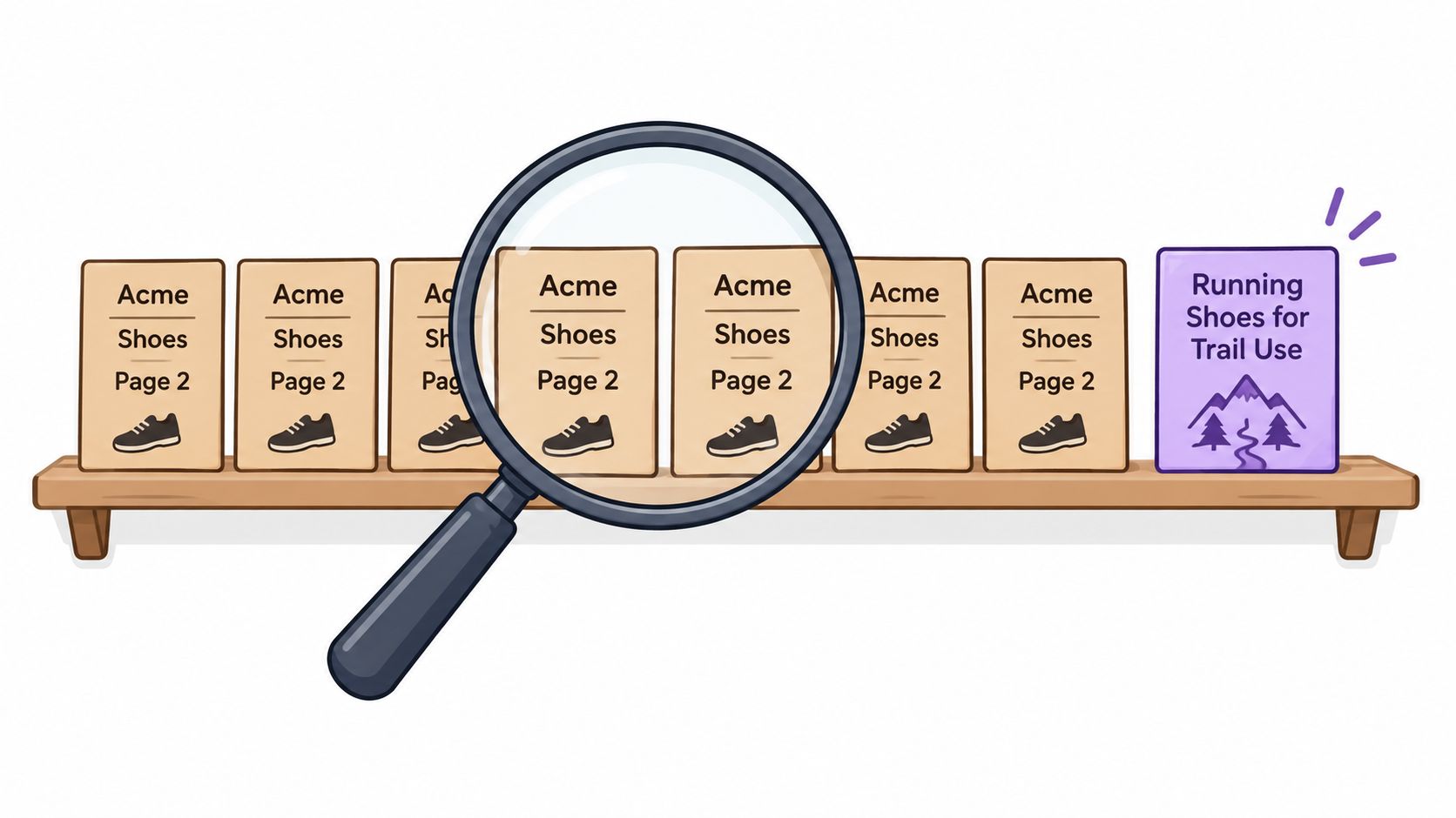 A magnifying glass inspecting several boxes of Acme shoes labeled page two on a wooden store shelf.
