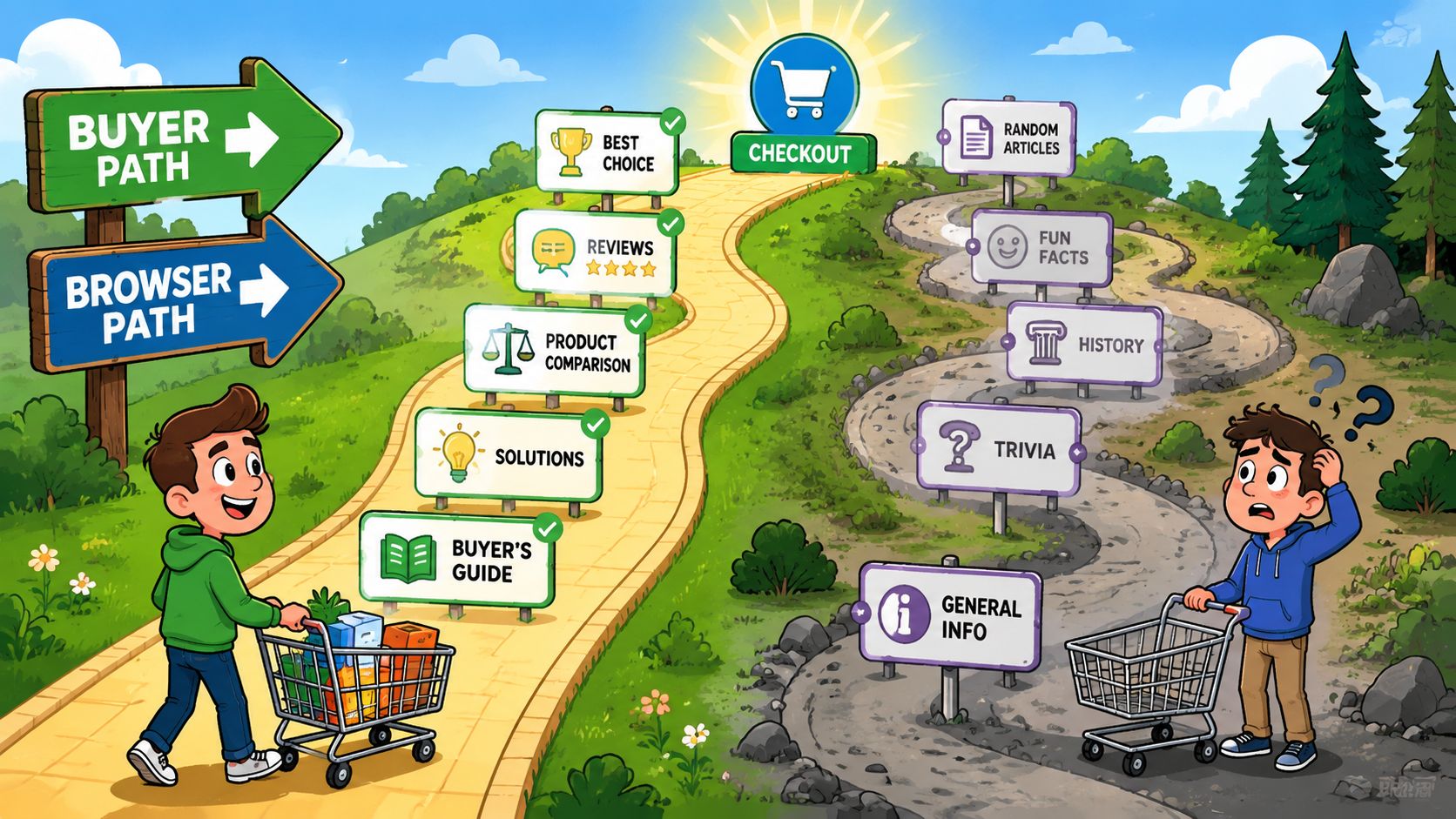 A cartoon illustration showing a happy buyer on a paved path and a confused browser on a rocky path.