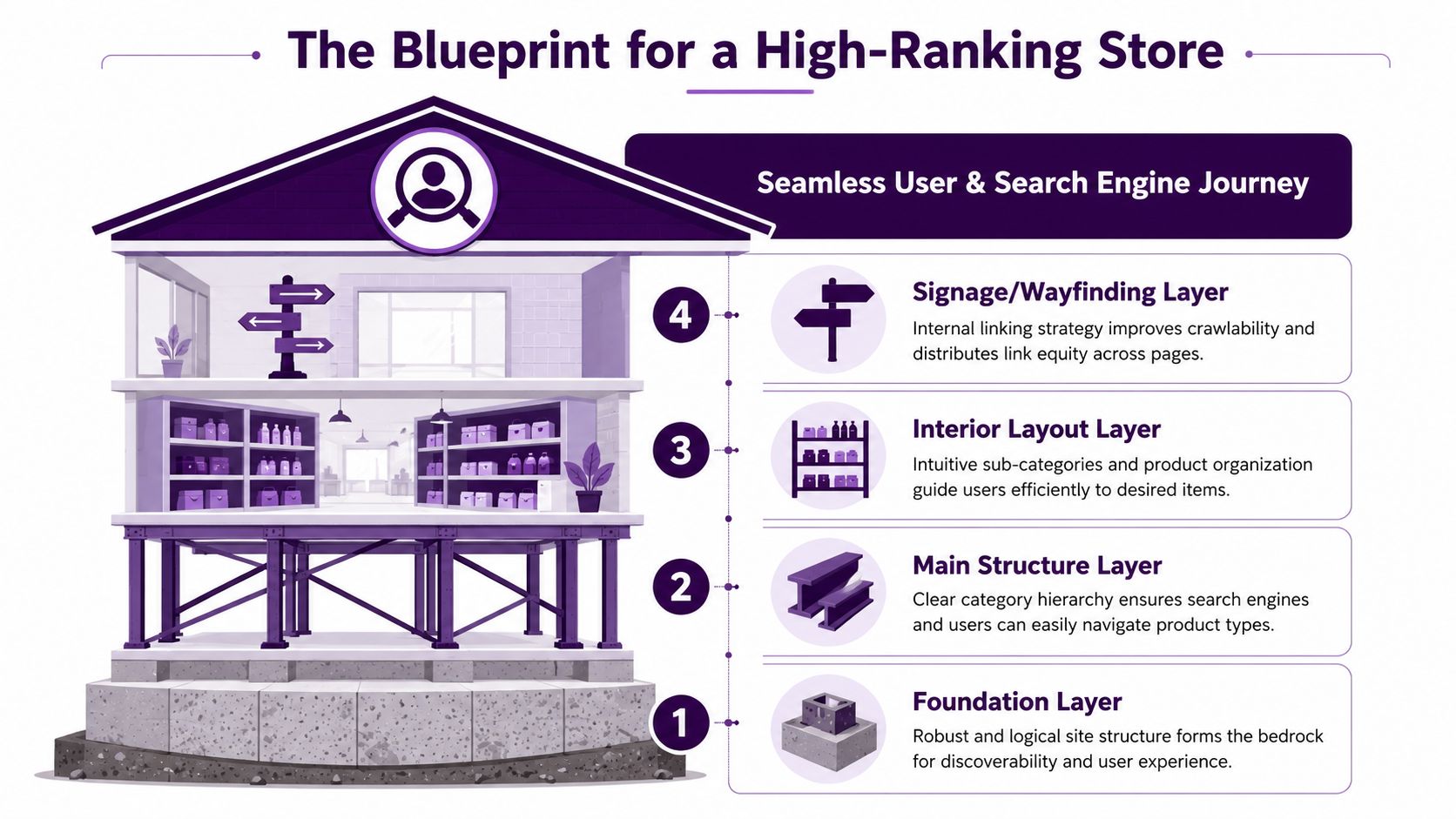 An infographic illustration comparing e-commerce website architecture to building a house for better search engine rankings.