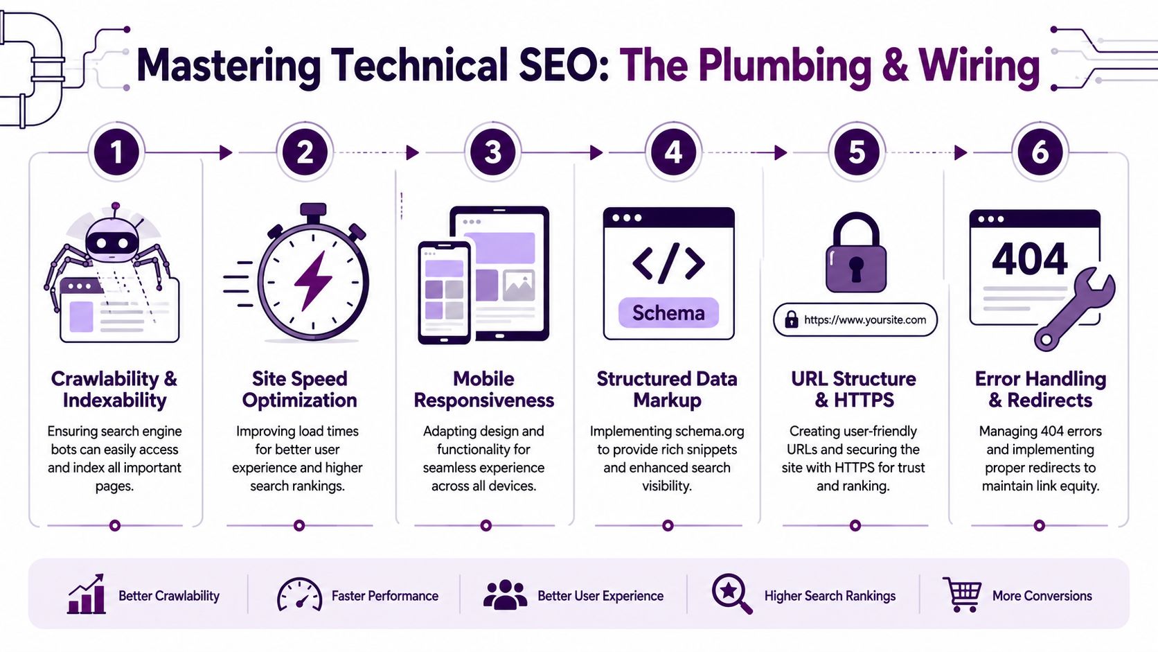 An infographic detailing six essential steps for mastering technical SEO, including performance optimization and site structure.