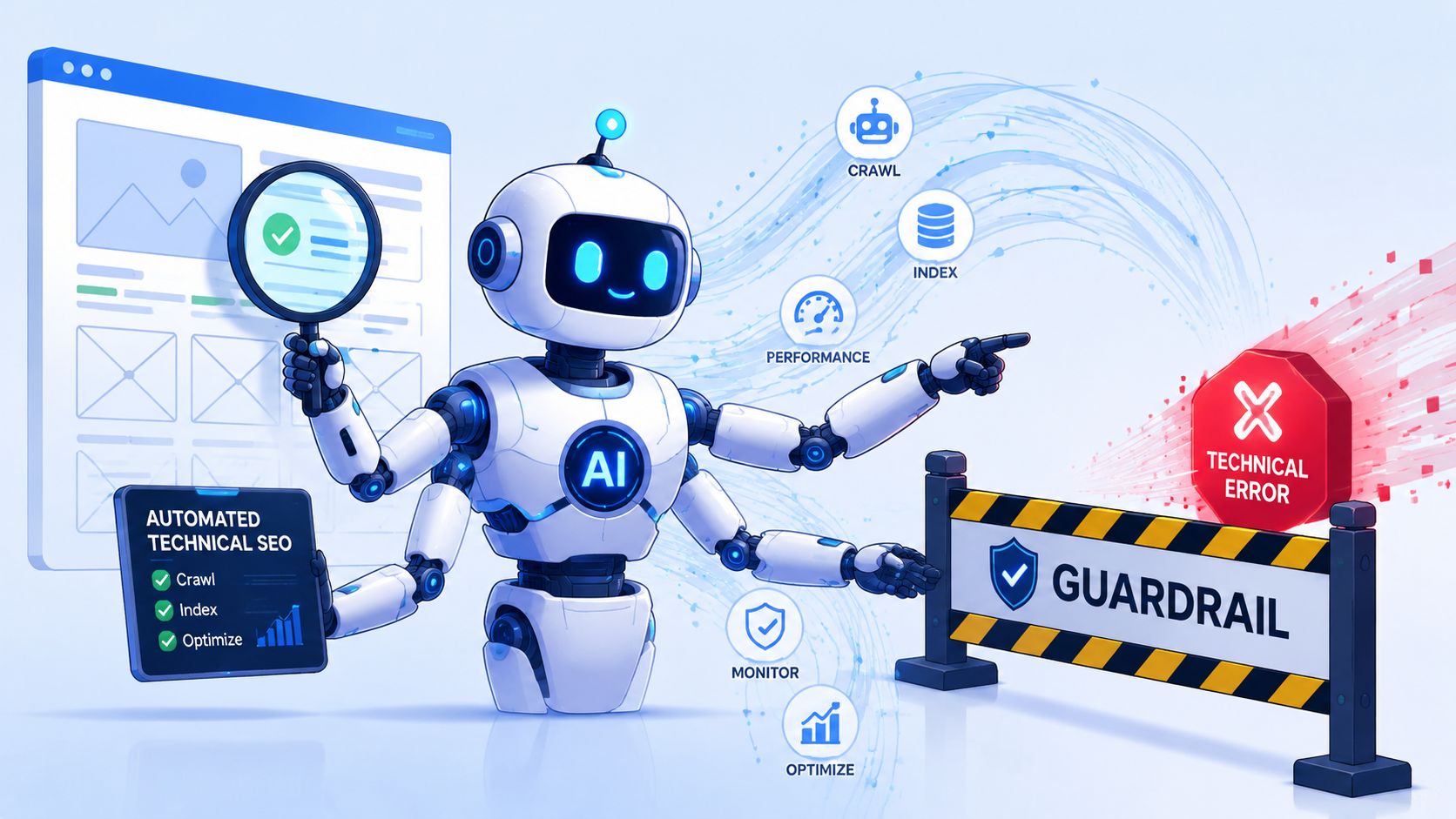 A friendly AI robot managing technical SEO tasks and guardrails to prevent website technical errors.