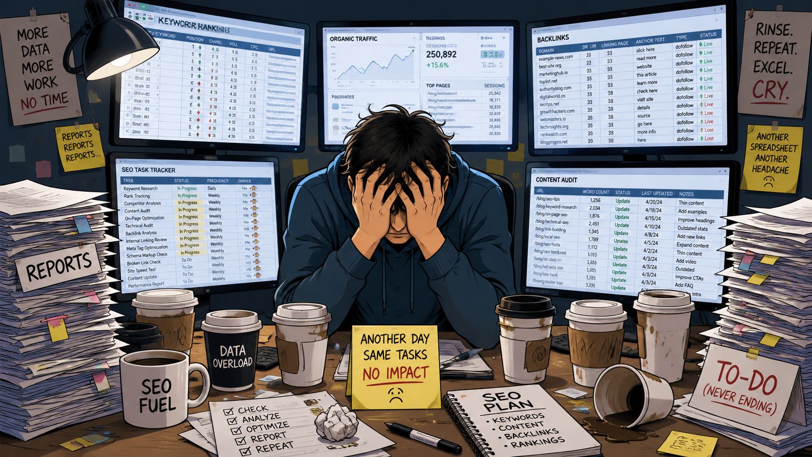 A stressed professional overwhelmed by SEO tasks, surrounded by coffee cups, monitor screens, and massive piles of reports.