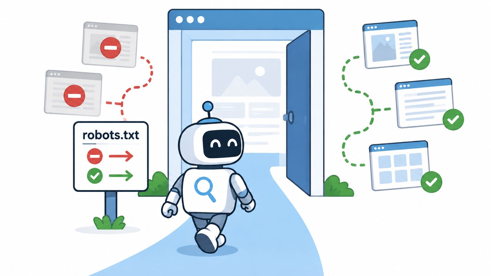 A friendly robot walking through an open door, illustrating how robots.txt files manage search engine crawler access.