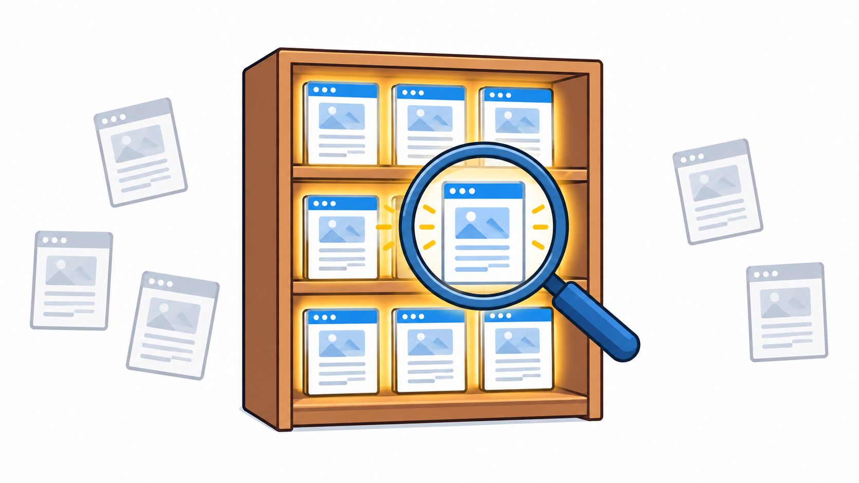 A magnifying glass inspecting web page document icons organized neatly on wooden library shelves.