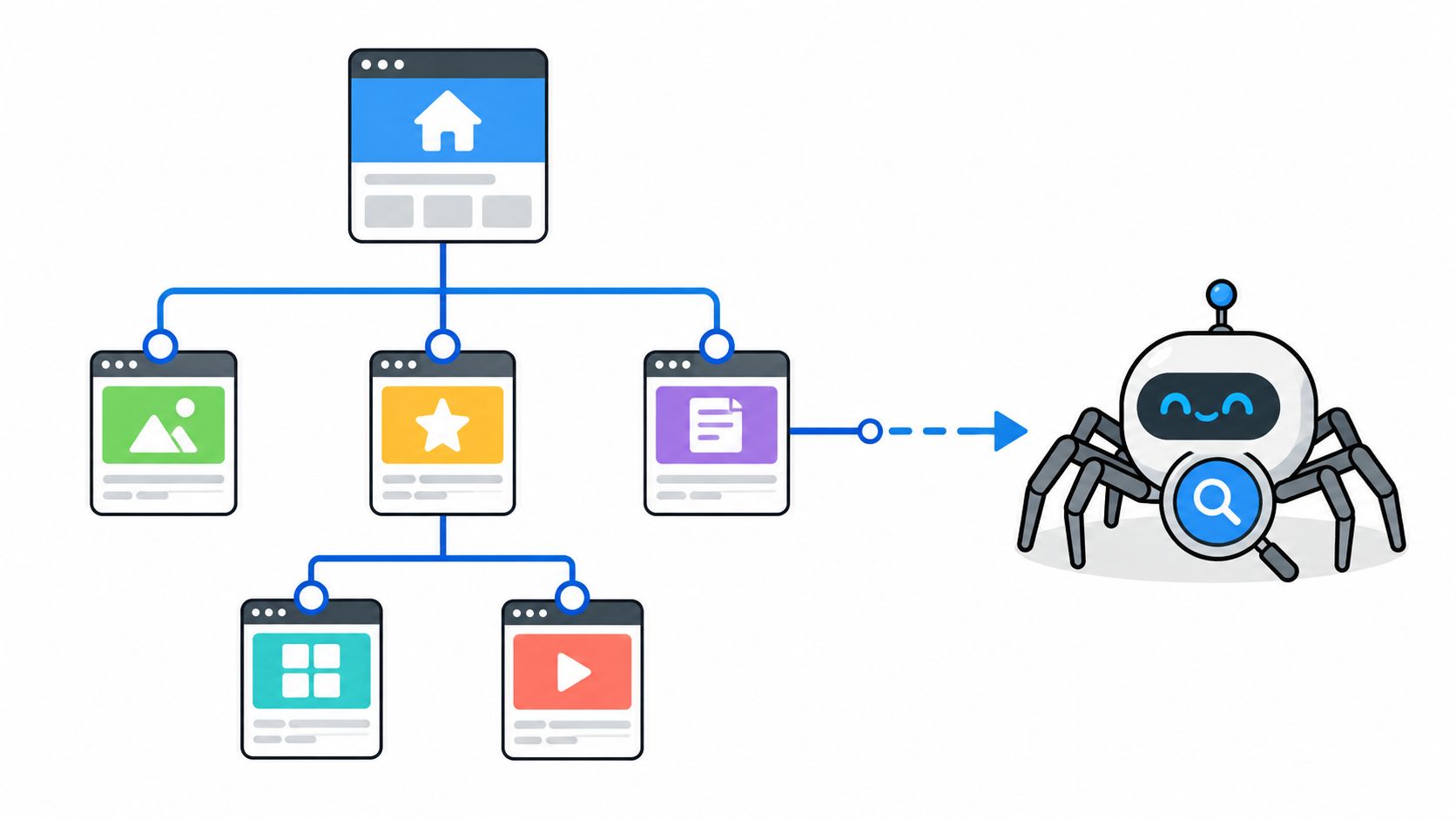 A web crawler bot scanning the structure of a website to index pages for search engine results.