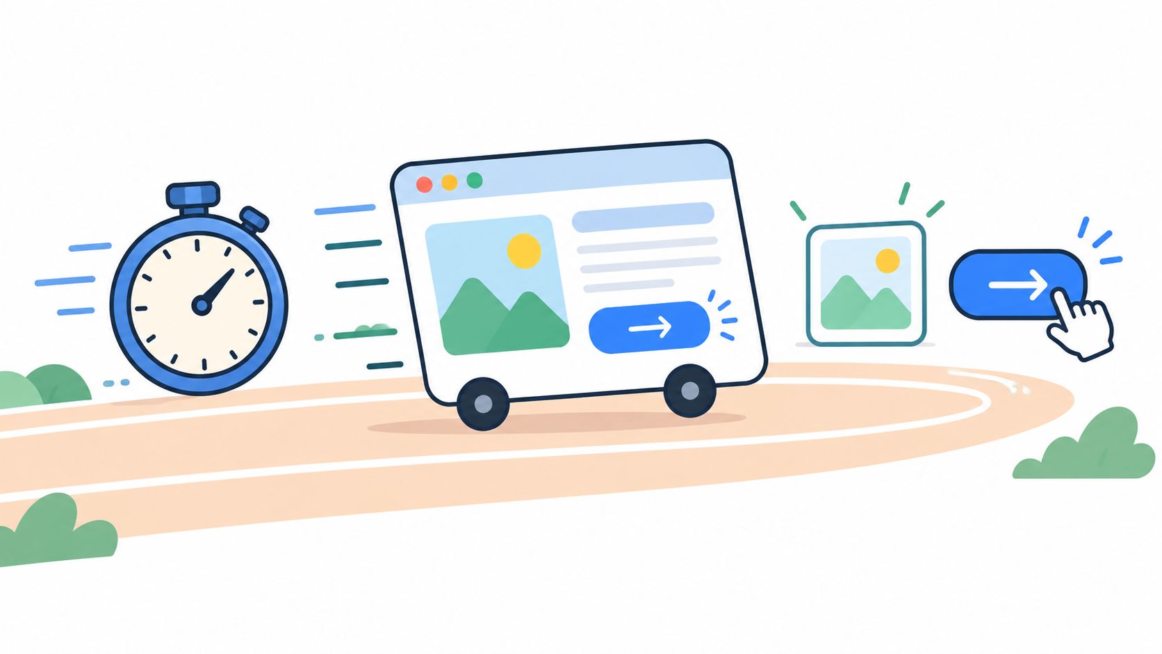 A stopwatch and a browser window on wheels racing forward, representing fast website performance and loading speeds.