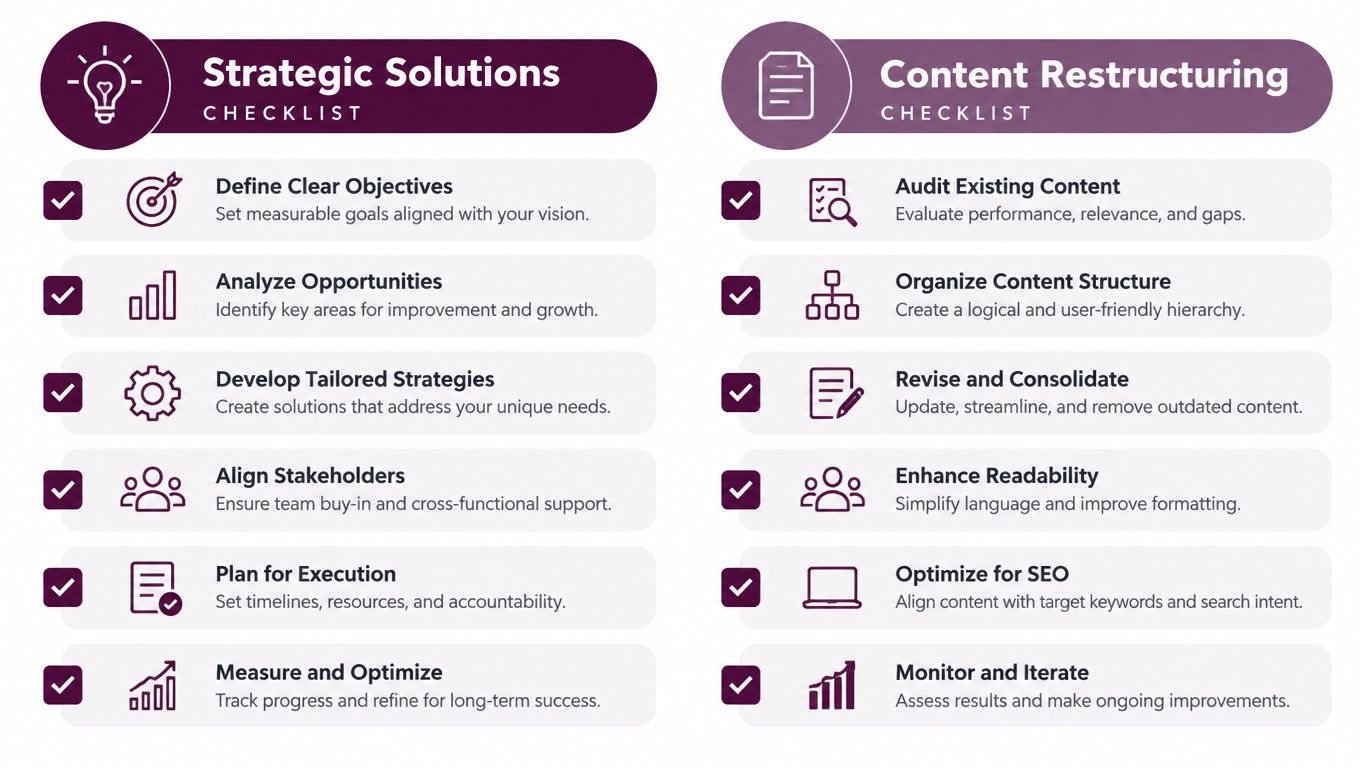 A checklist comparison graphic showing strategic solutions and content restructuring steps for SEO keyword cannibalization improvement.