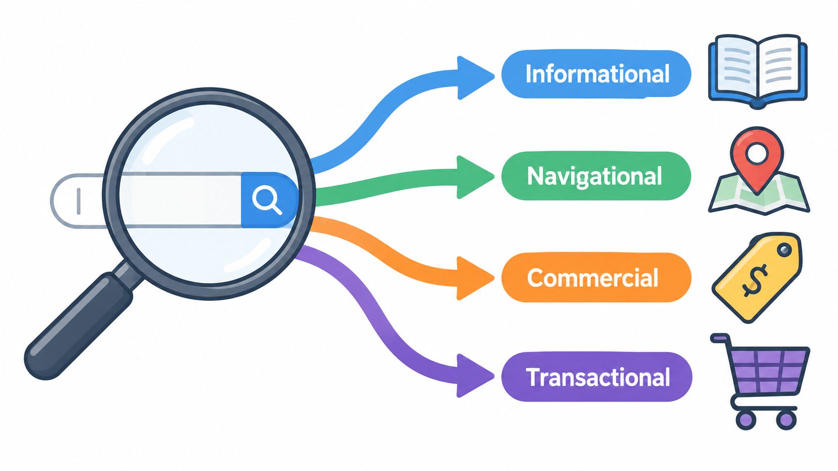 A magnifying glass focusing on a search bar pointing to four types of user search intent categories.