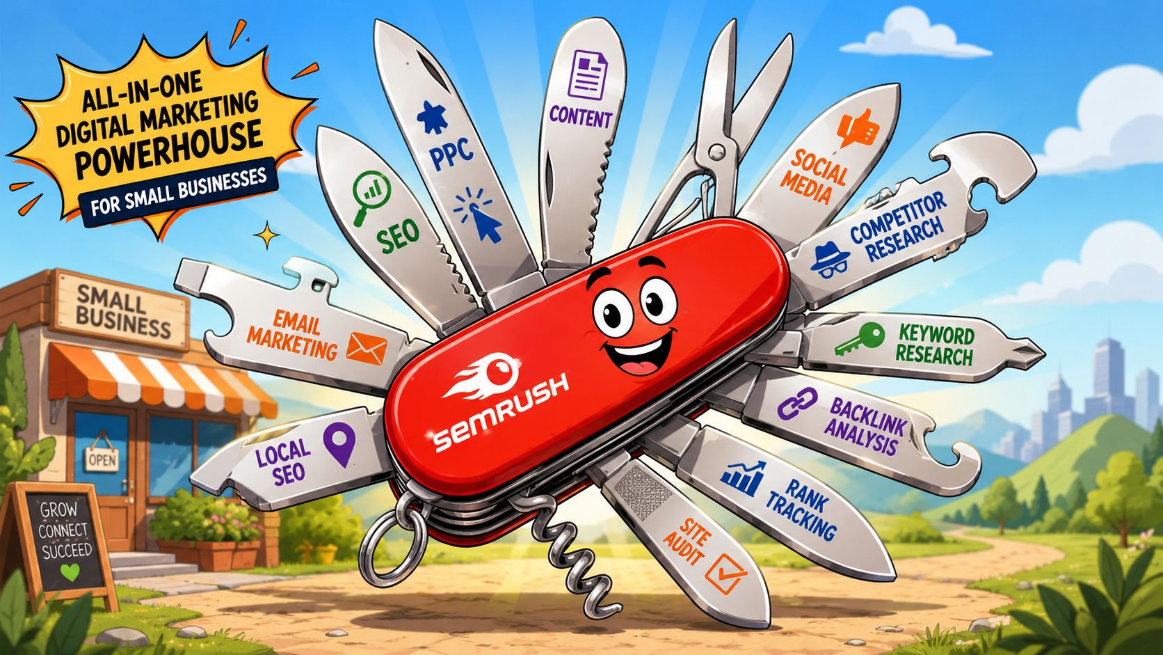 A cartoon illustration of a Swiss Army knife representing Semrush as an all-in-one digital marketing tool.
