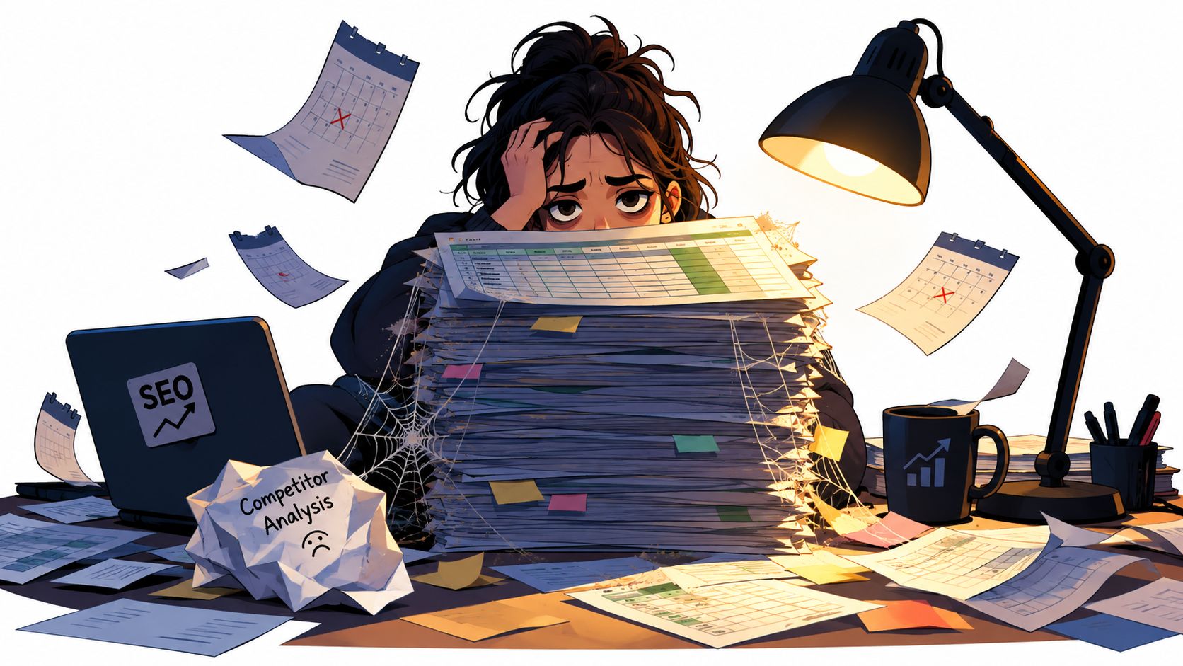 A stressed worker buried under a large stack of paperwork with a computer marked SEO analysis.