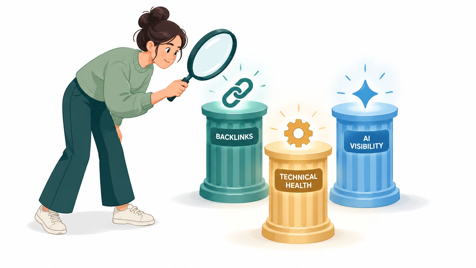A person using a magnifying glass to inspect three pillars representing backlinks, technical health, and AI visibility.