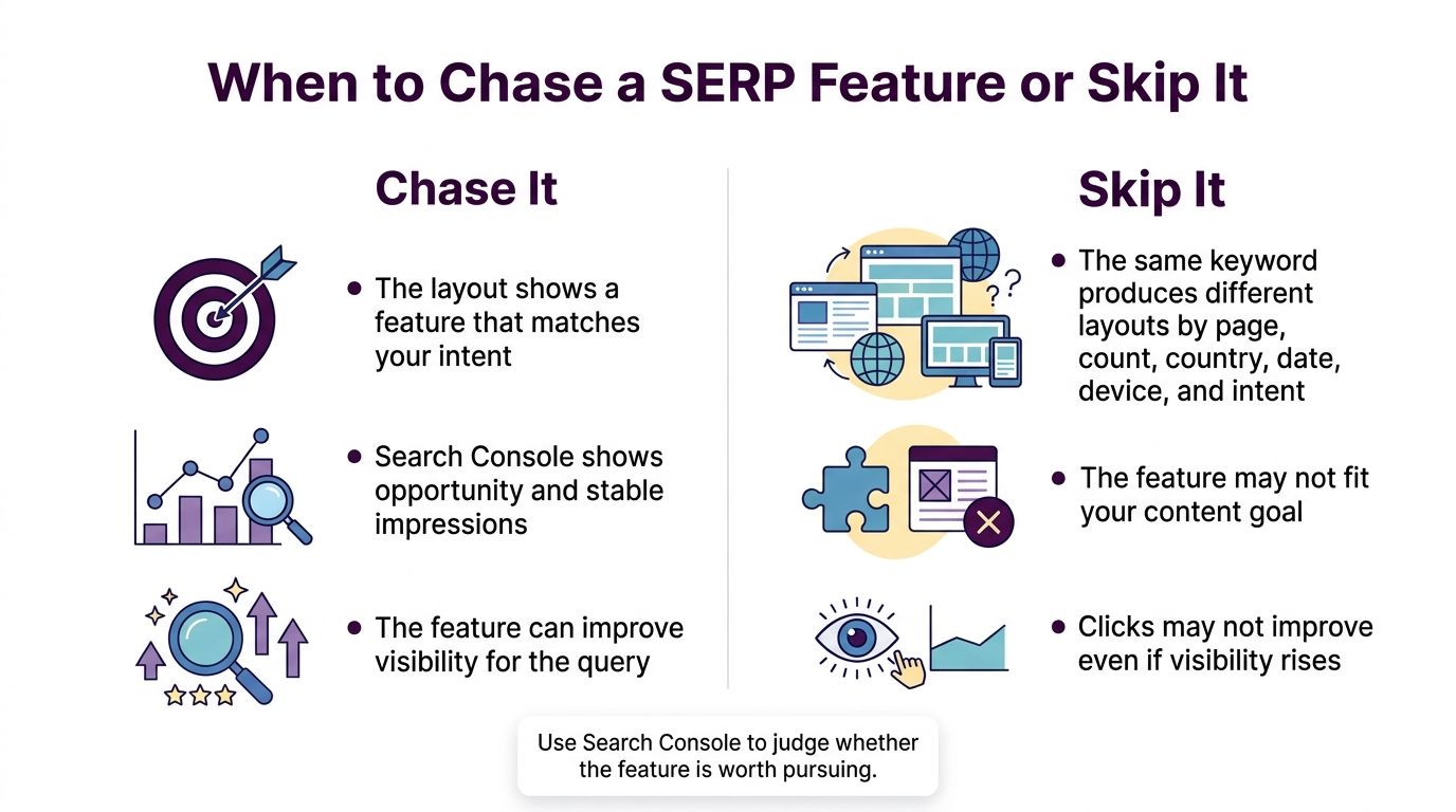 A graphic comparing when to chase or skip a SERP feature based on intent, metrics, and strategy.
