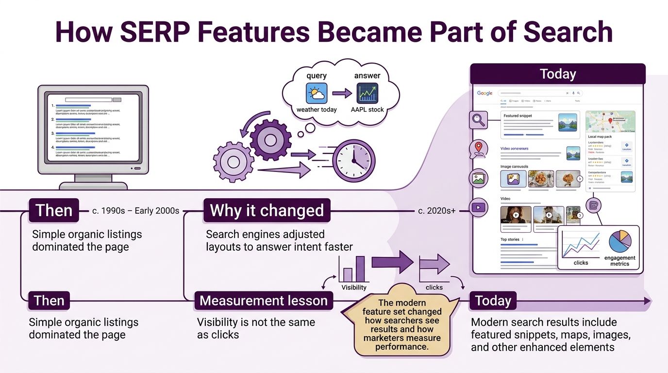 An infographic showing the evolution of search results from simple lists to modern featured SERP elements.