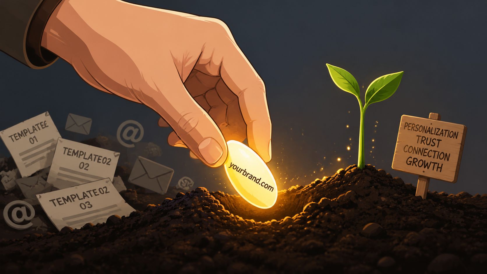 A hand planting a glowing seed into the soil next to a growing plant and brand sign.