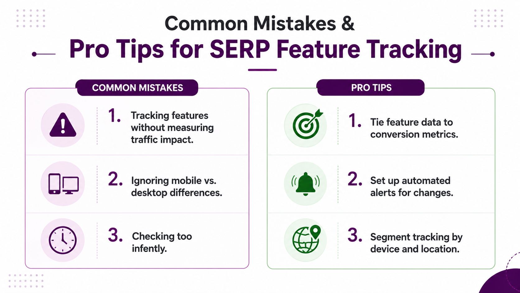 A visual guide outlining three common mistakes and three pro tips for tracking SERP feature performance effectively.