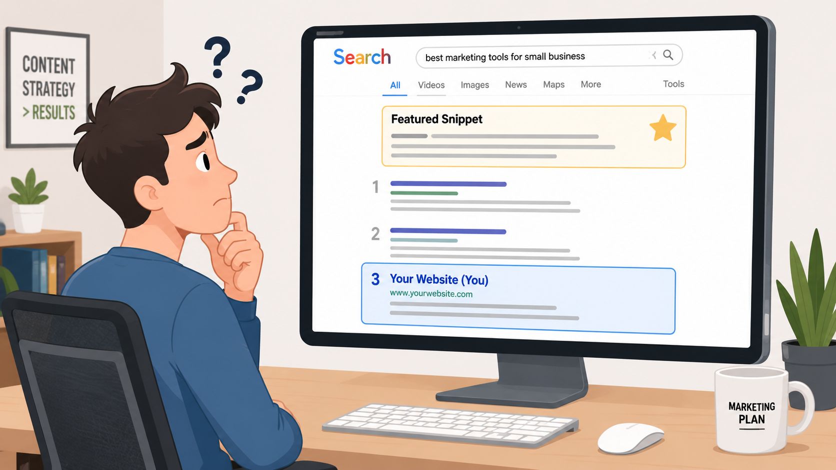 A person looking confused at a computer screen showing search engine results with a highlighted website ranking.