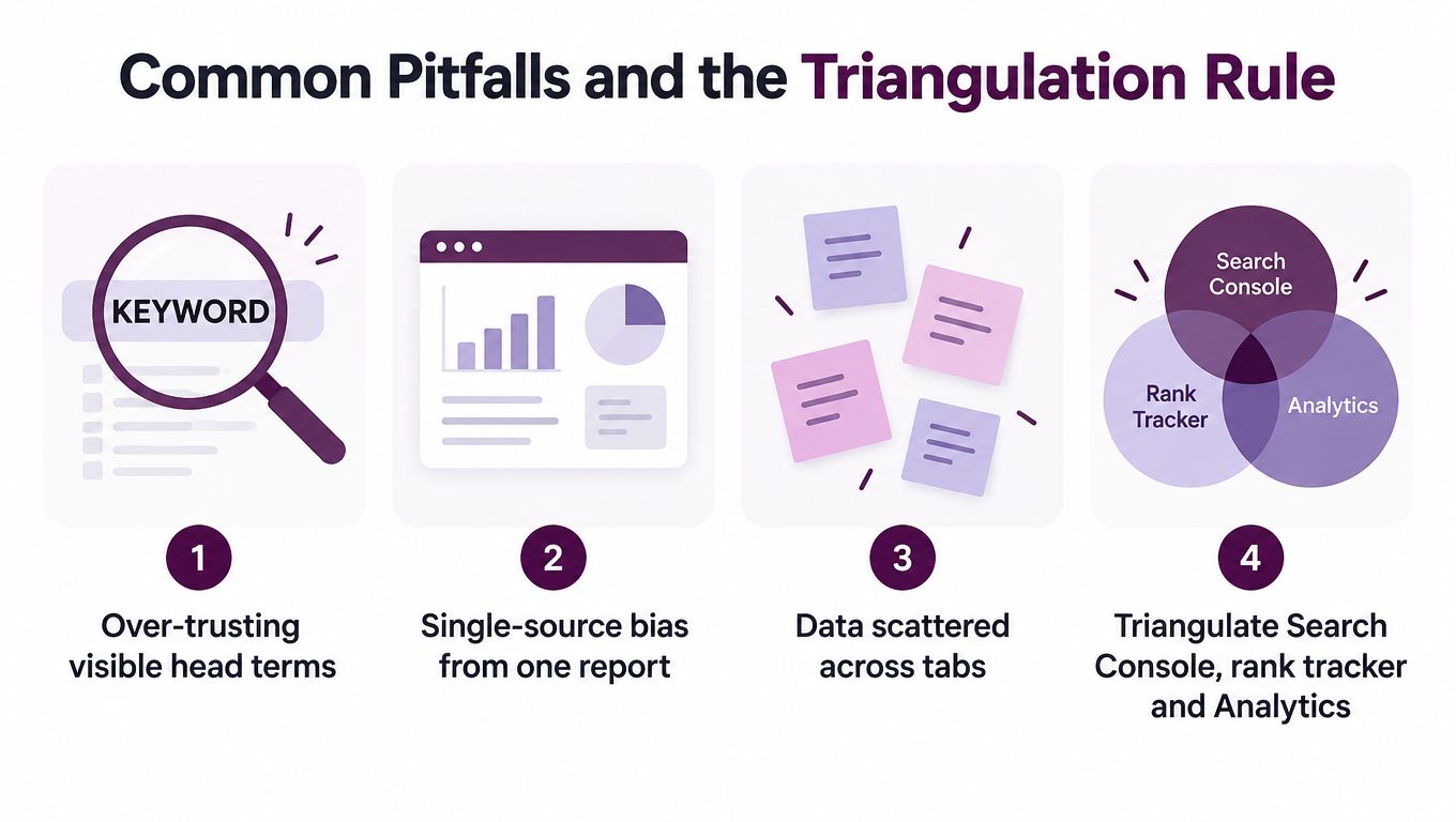 An infographic illustrating the triangulation rule to avoid common SEO pitfalls in keyword and data analysis.