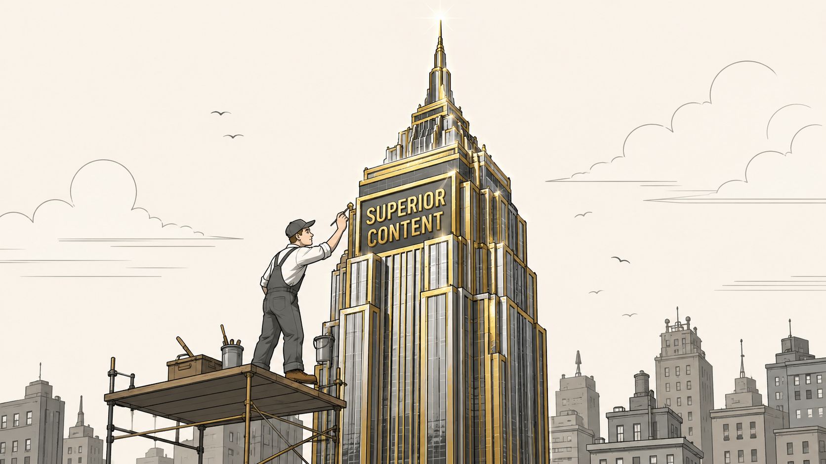 A construction worker painting the words Superior Content on the side of a gleaming golden skyscraper.