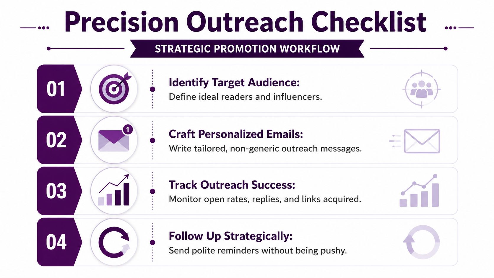 A four-step infographic illustrating a strategic promotion workflow for effective precision outreach and email campaigns.