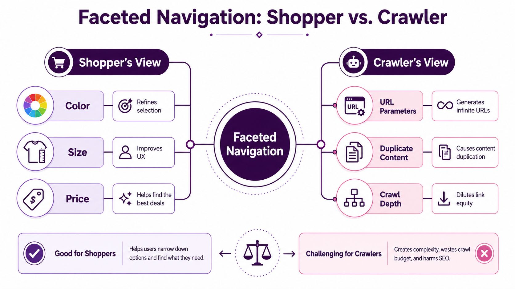 An infographic illustrating how faceted navigation balances benefits for shoppers with technical SEO challenges for search crawlers.