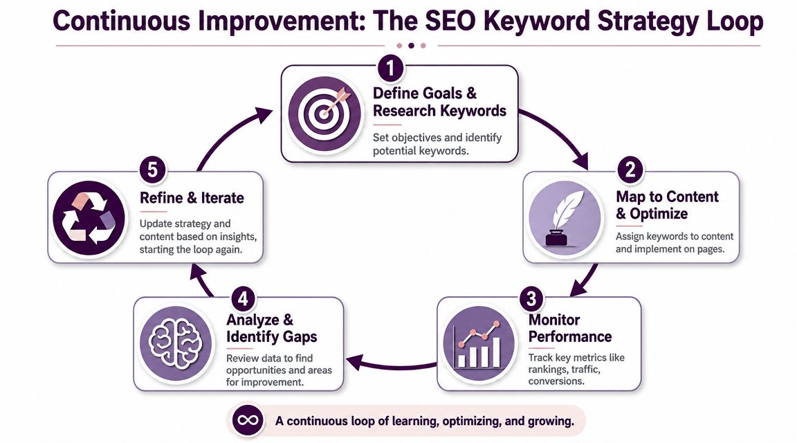 Eine Infografik, die einen fünfstufigen kontinuierlichen Kreislaufprozess zur effektiven Optimierung und Verwaltung der SEO-Keyword-Strategie zeigt.