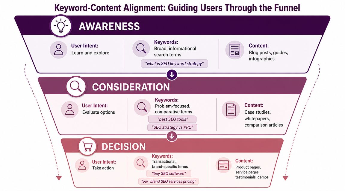 Ein Funnel-Diagramm, das die Keyword-Content-Ausrichtung für SEO-Strategien über Awareness-, Consideration- und Decision-Stufen hinweg veranschaulicht.