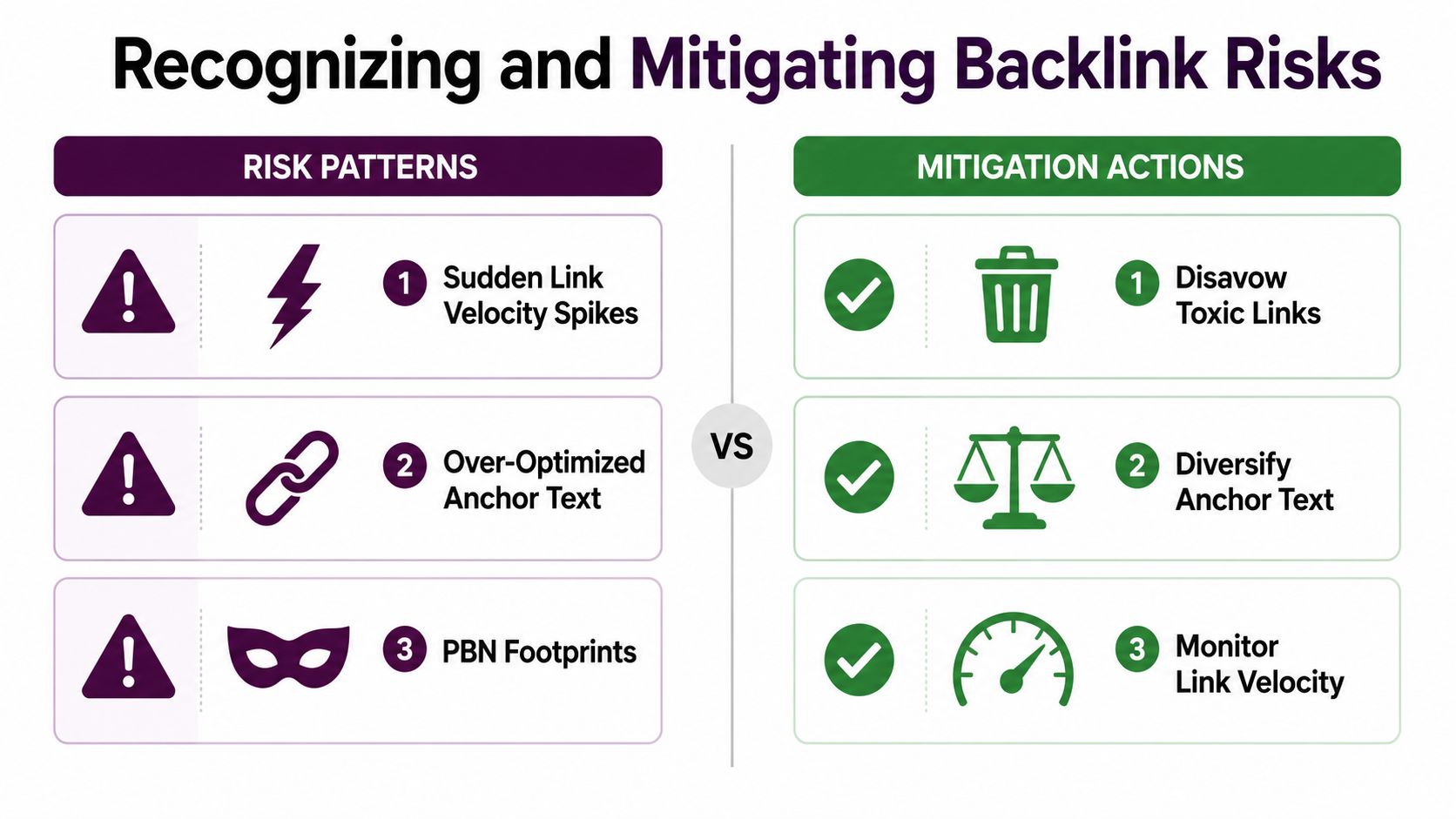 An infographic showing risk patterns and mitigation actions for managing website backlink profiles for better SEO.