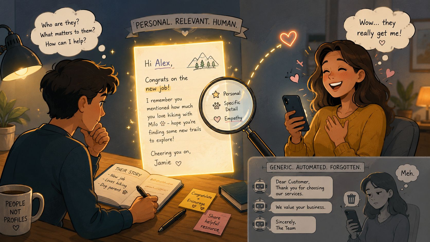 A split image contrasting personalized human communication with impersonal automated robotic customer service messages.