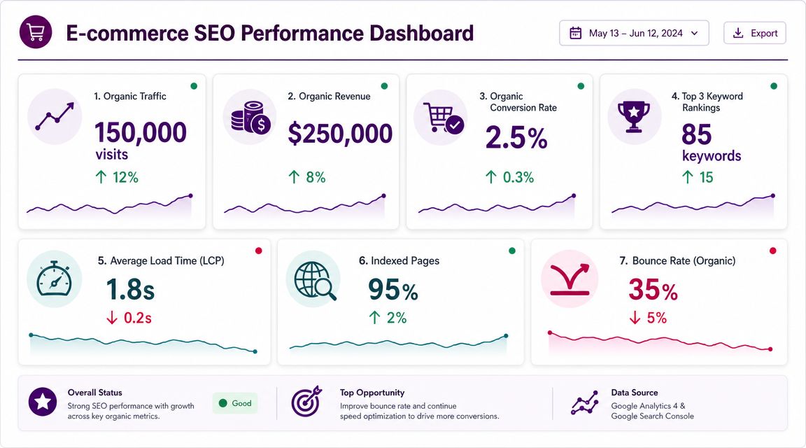 E-commerce SEO performance dashboard showing key metrics like traffic, revenue, conversion rates, and rankings for June 2024.