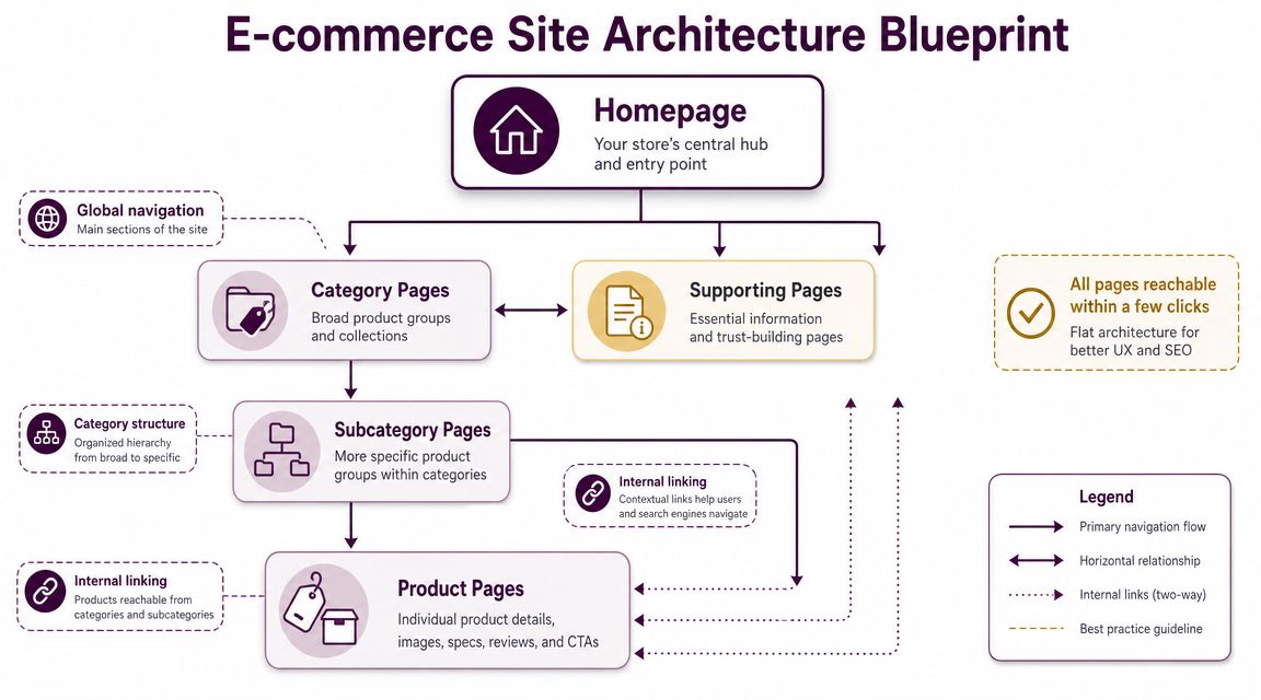 A diagram illustrating a flat and effective site architecture blueprint for an e-commerce website structure.