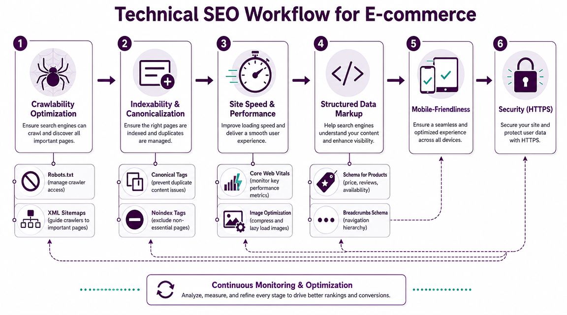 A six-step technical SEO workflow infographic for e-commerce websites showing steps like crawling, indexability, and site performance.