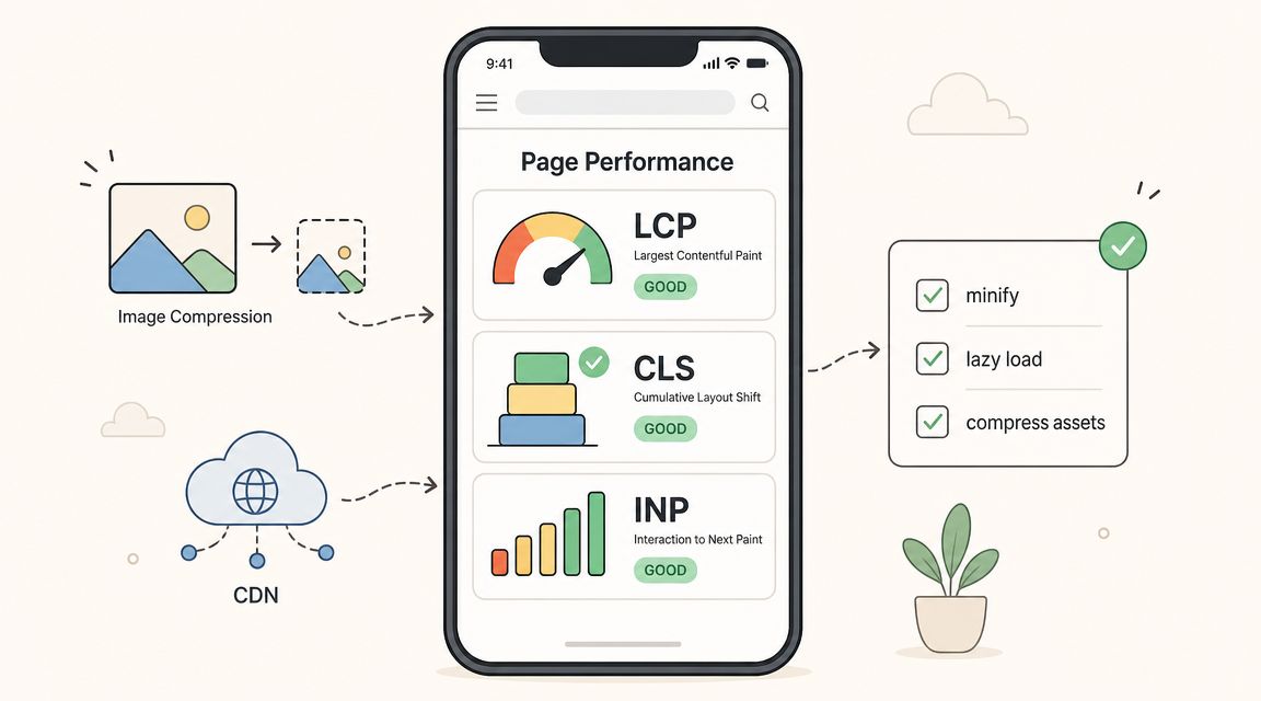 An illustration showing website performance optimization strategies including image compression, CDN usage, and core web vitals metrics.